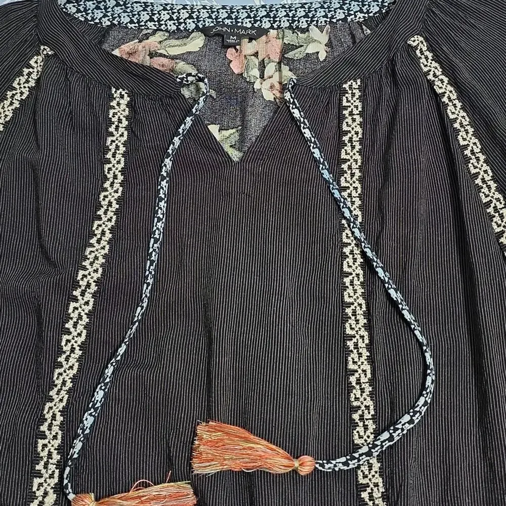 John Mark Sz M BOHO Grunge Goth Embroidered Tassels Black Dark Moody Floral Top - Picture 4 of 12